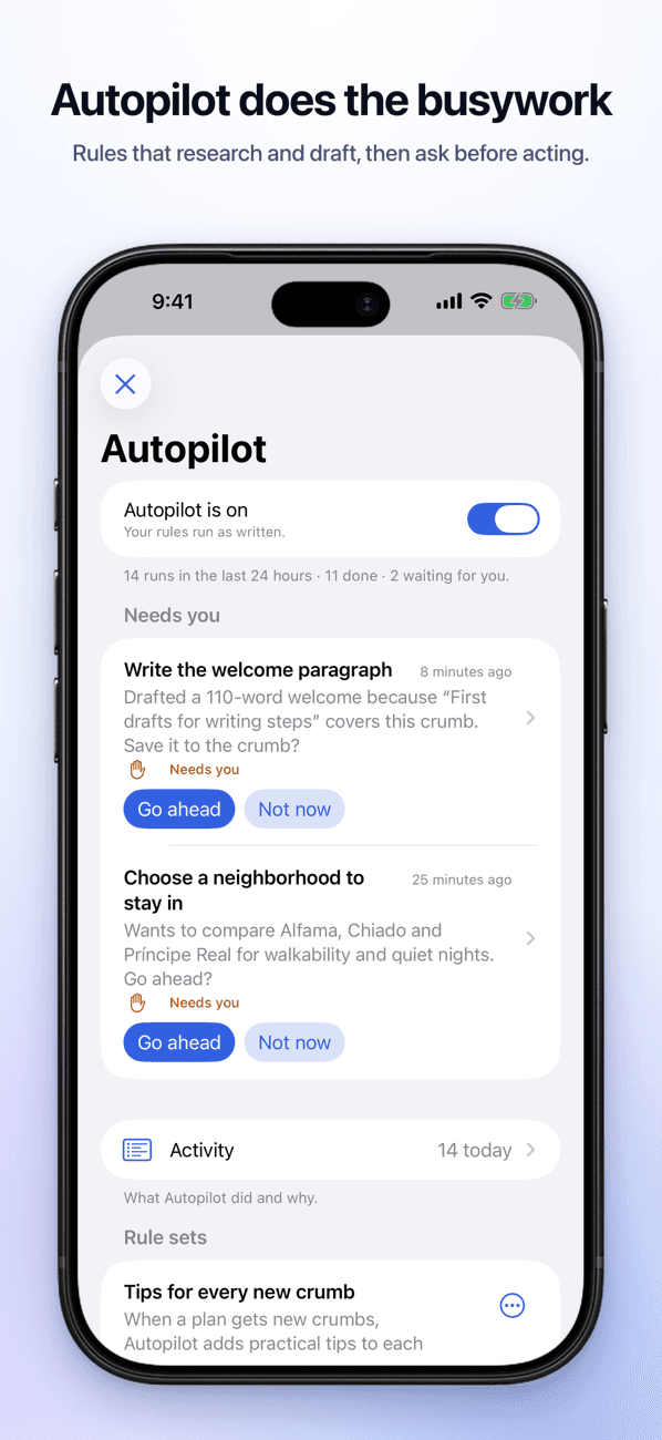 Syncflow on iPhone: Autopilot drafting steps and asking for approval